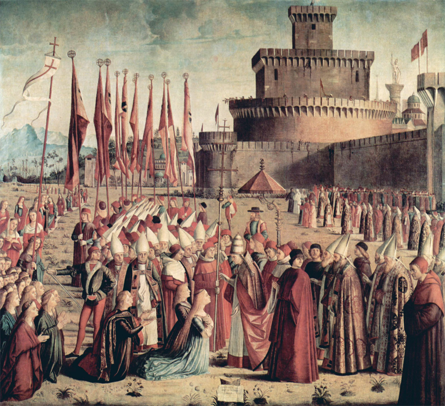 Vittore Carpaccio, Les pélerins rencontrent le Pape Cyriaque devant les murs de Rome